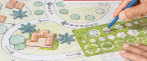 Plant landscaping design with house and garden layout, illustration of garden planning process.