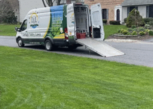 Lynch Valley Lawn delivery van delivering plants and lawn care supplies to Herbein's Garden Center.