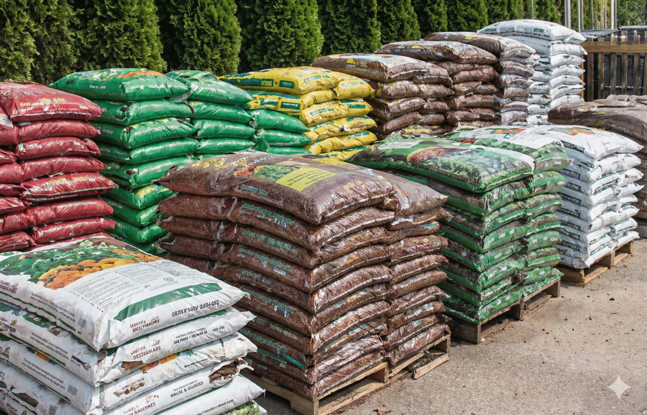 Colorful bags of garden soil, mulch, and compost ready for planting projects.