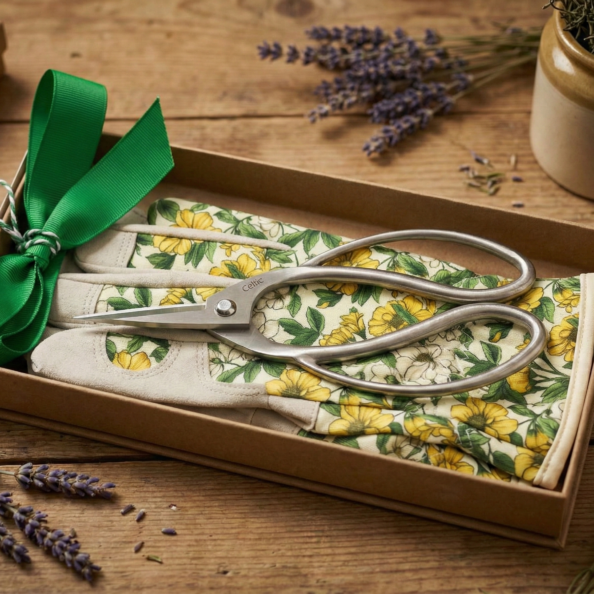 Gift set featuring floral gardening gloves and metal pruning shears arranged in a box with a green ribbon on a rustic wooden table.