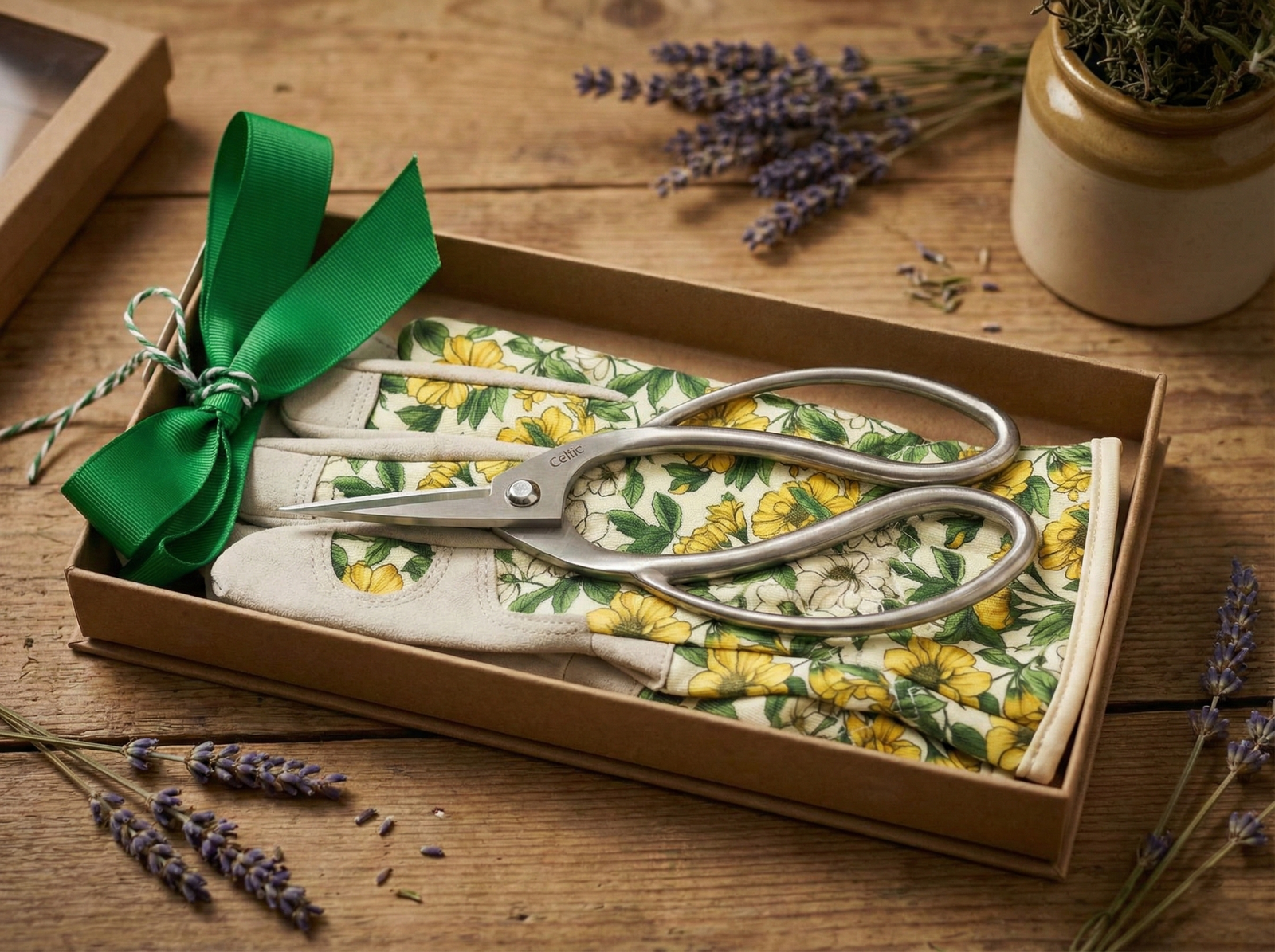 Gift set featuring floral gardening gloves and metal pruning shears arranged in a box with a green ribbon on a rustic wooden table.