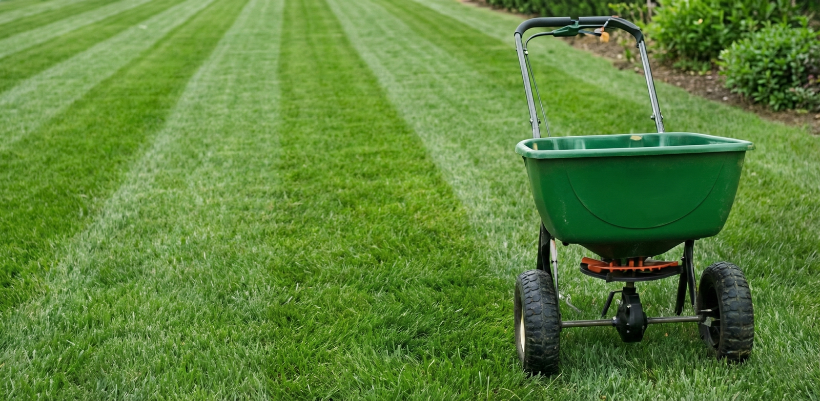 Bright green wheelbarrow on lush lawn.