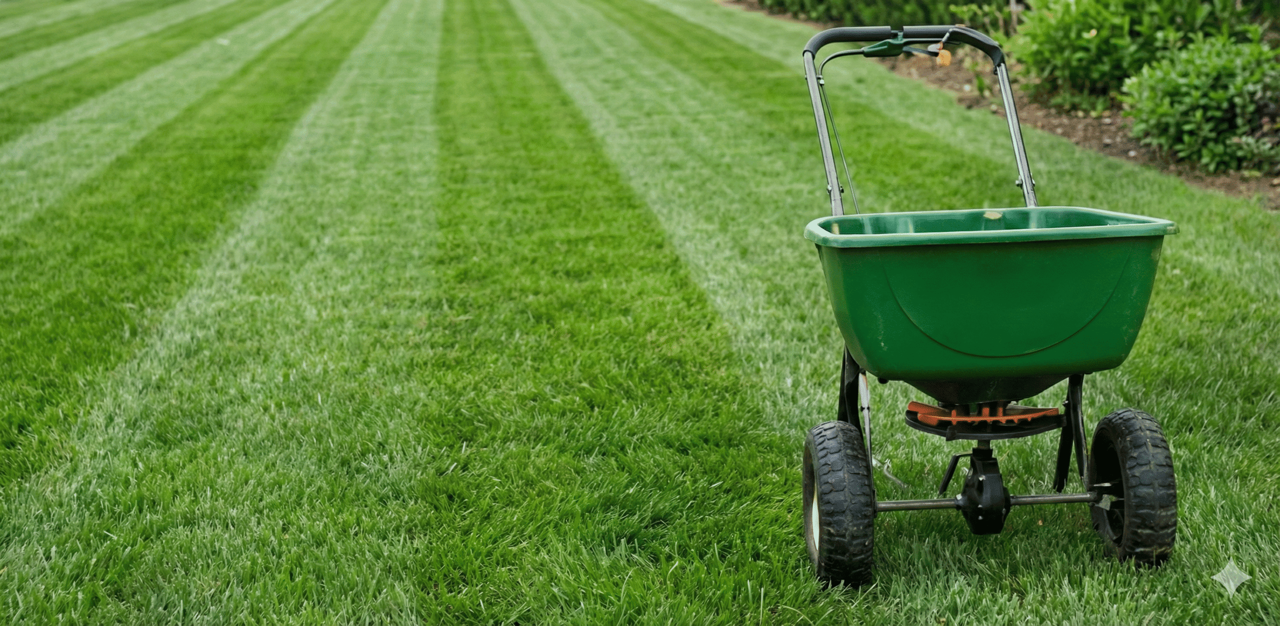 Bright green wheelbarrow on lush lawn.