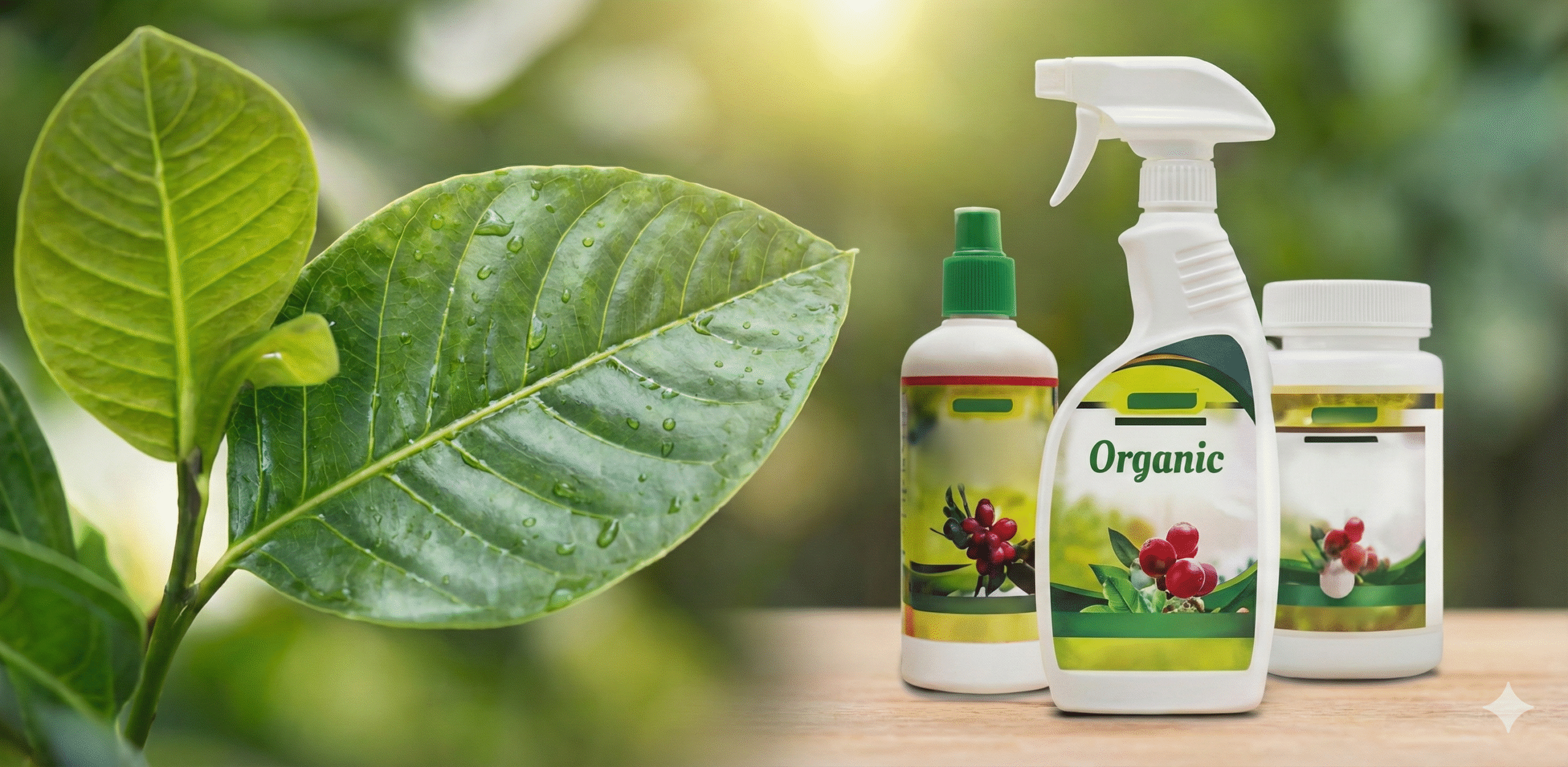 Close-up of lush green leaves with organic plant care sprays on a wooden surface.