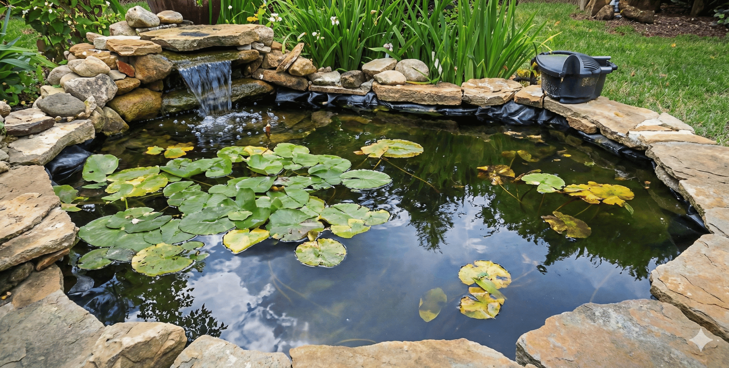 Peaceful backyard pond with water lilies, rocks, and a fountain, perfect for garden water features.