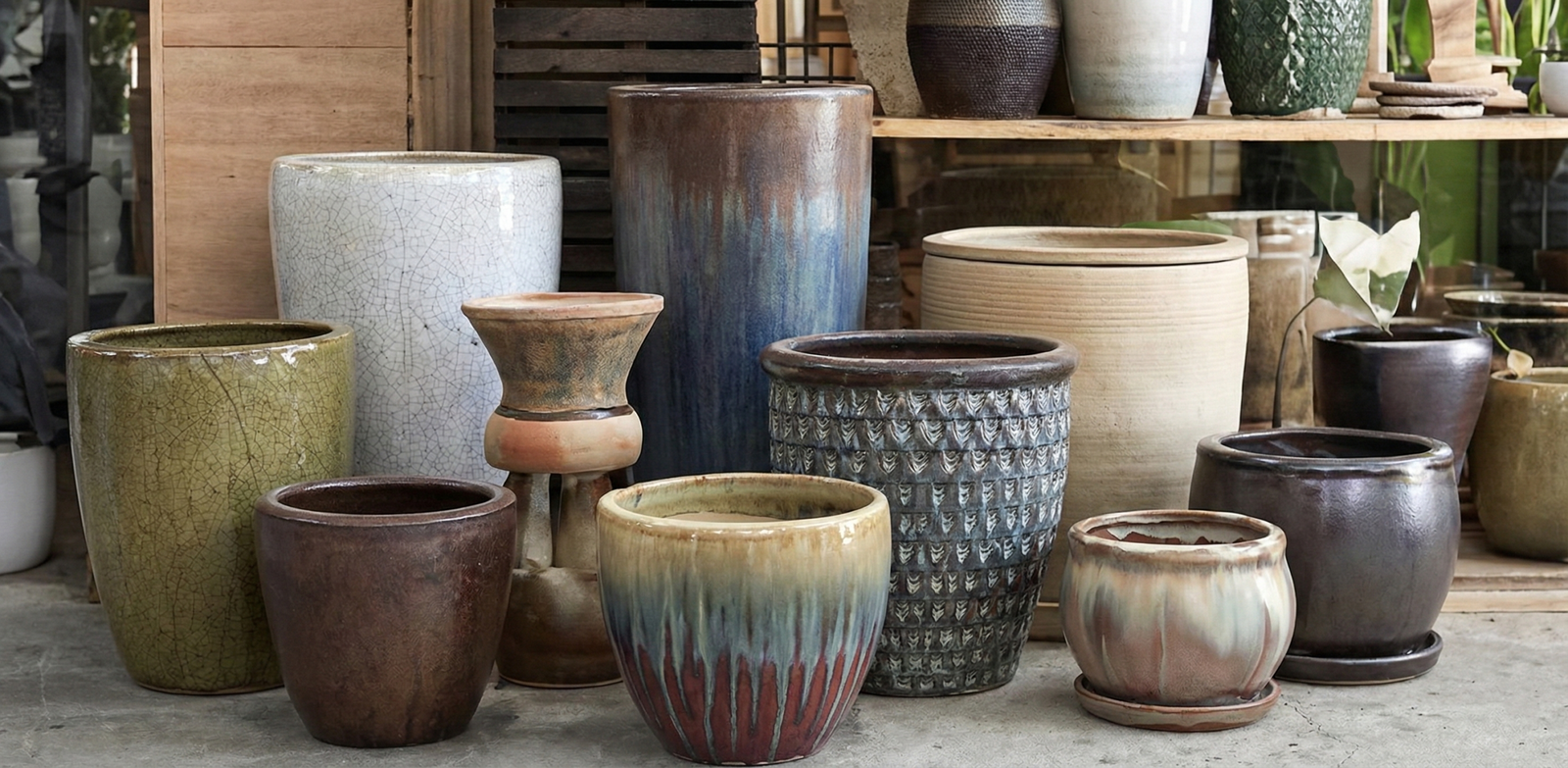 Colorful, handcrafted ceramic pots perfect for flowers and plants, available at Herbein's Garden Center.