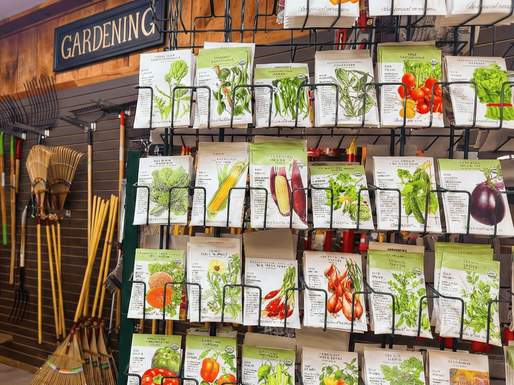 Seed packets featuring vegetables and herbs at Herbein's Garden Center for planting enthusiasts.