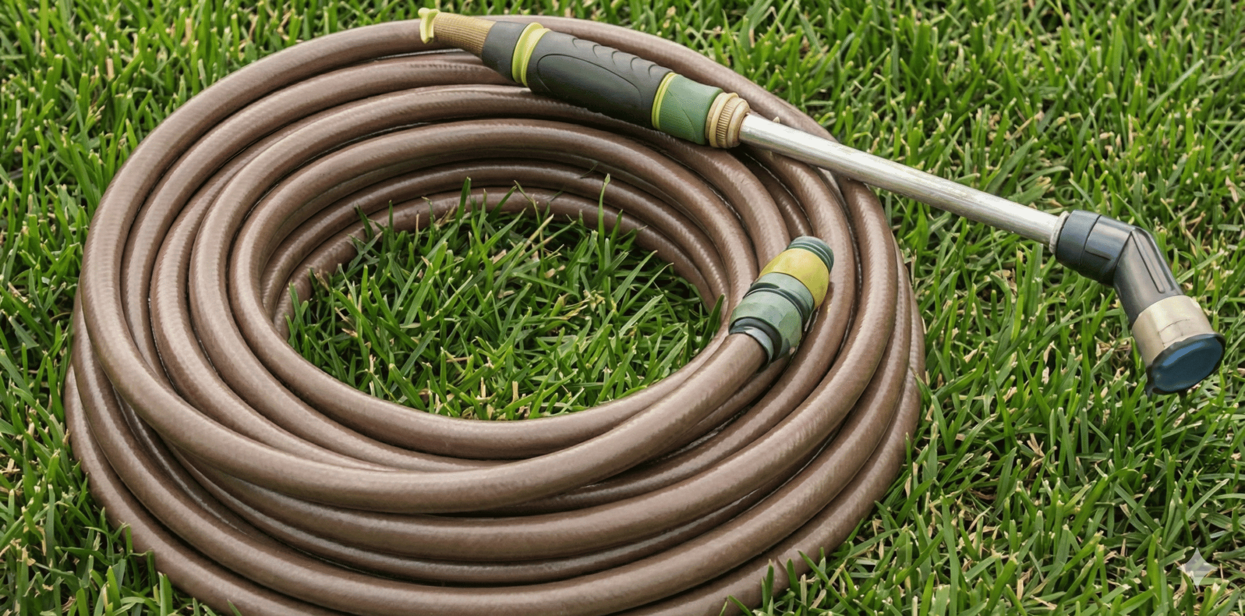 Durable garden hose with spray nozzle for watering plants and lawn care.