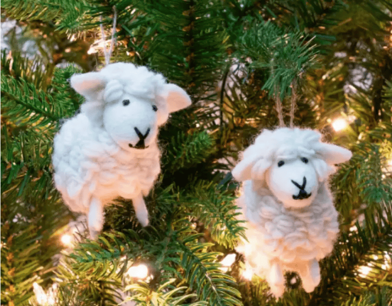 Cute sheep plush ornaments for holiday tree decor, perfect for festive Christmas decorations.