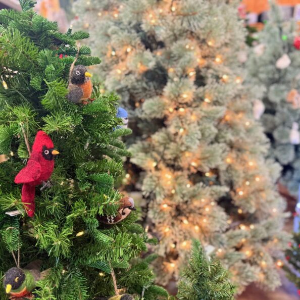 Colorful felt bird decorations on a Christmas tree at Herbein's Garden Center.