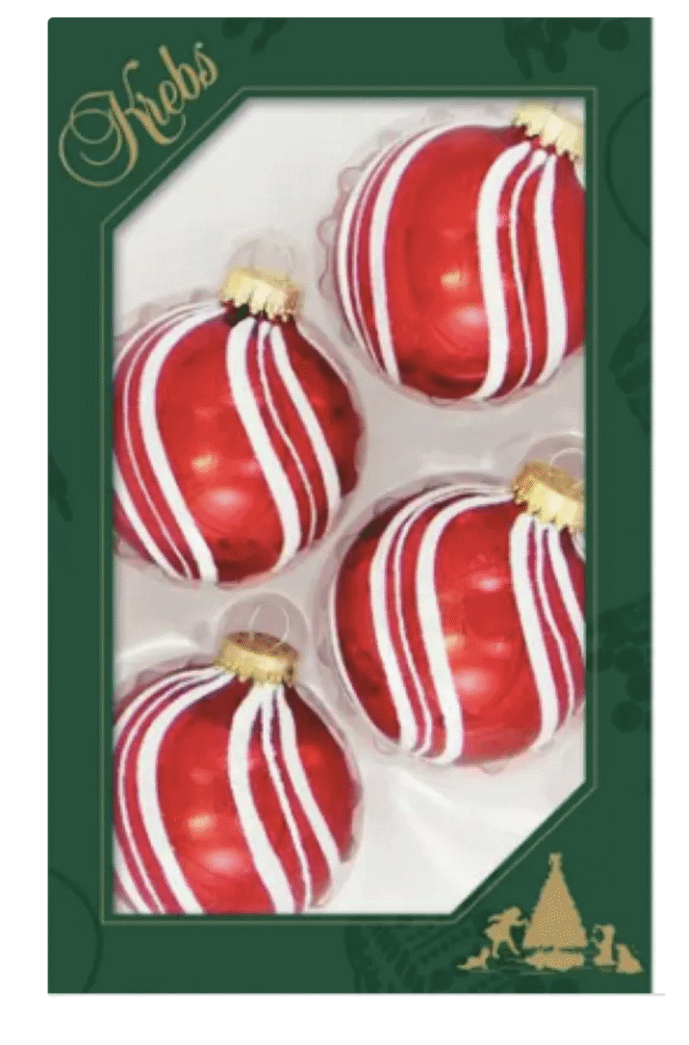 Shiny red and white striped Christmas tree ornaments, decorative holiday baubles from Herbein's Garden Center.