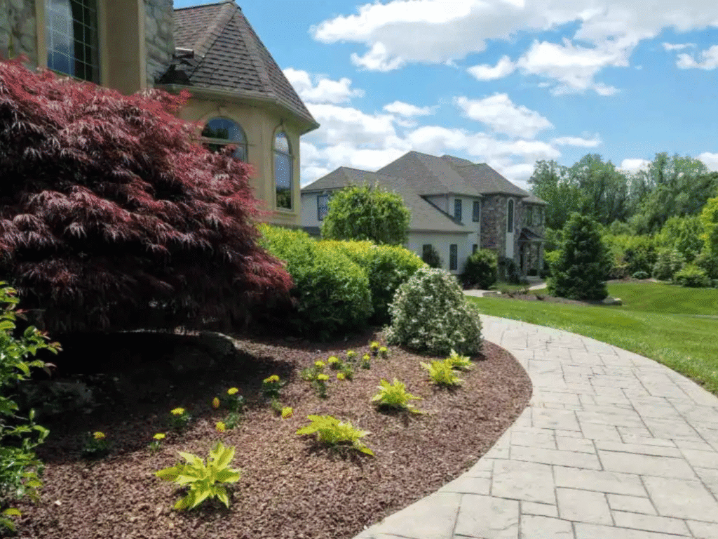 Lush landscaped garden with colorful shrubs and a stone pathway in front of a beautiful house.
