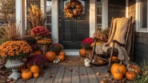 Pumpkins and fall flowers on a porch for autumn decor at Herbein's Garden Center.