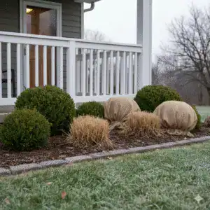 Green ornamental bushes and dried grasses in a landscaped garden bed.