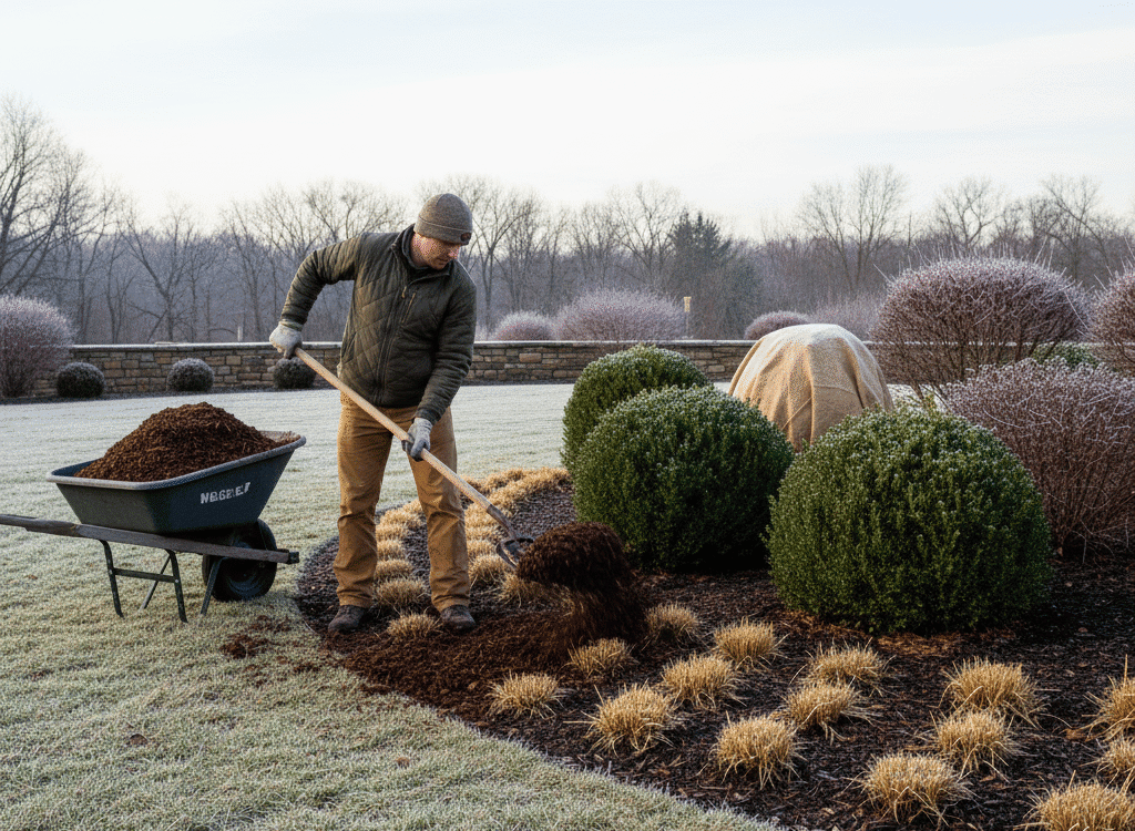 Freshly Mulched Bushes in Garden Center, winter landscape.