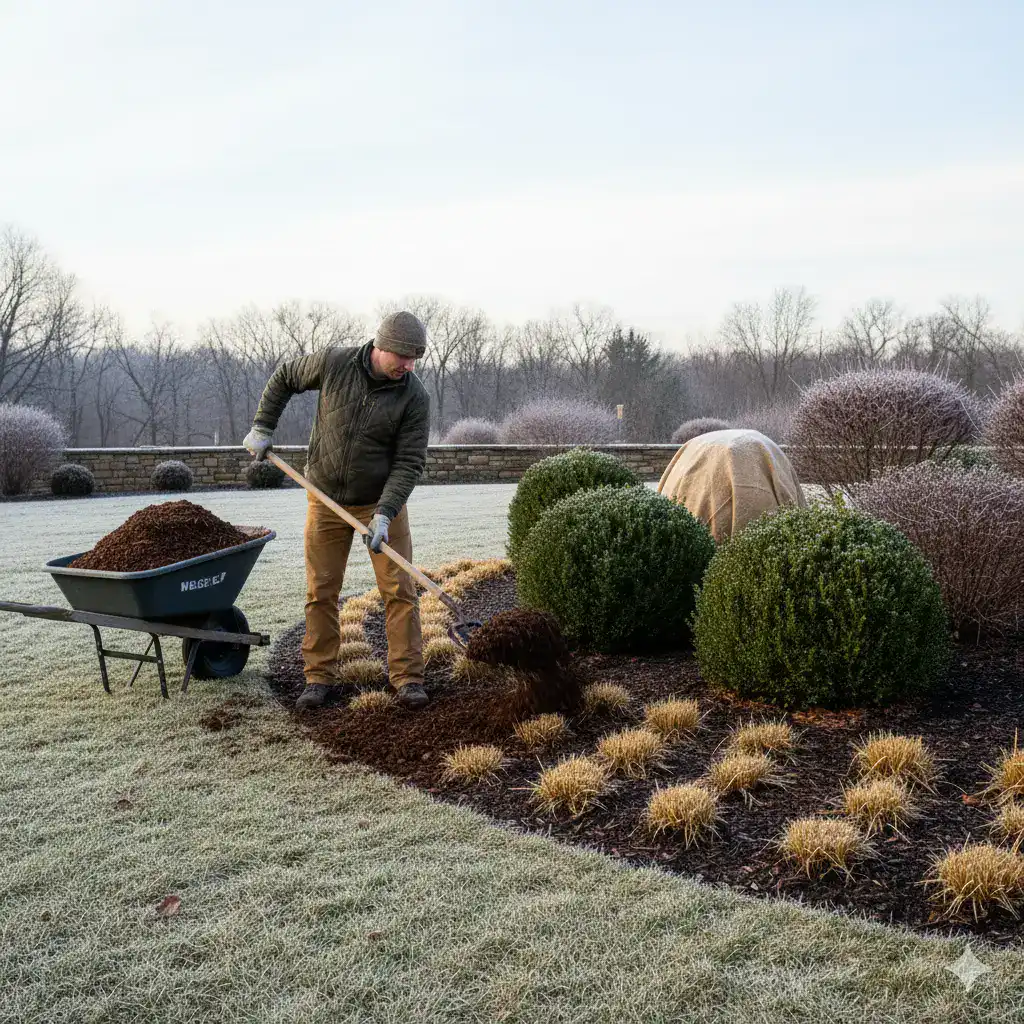 Freshly Mulched Bushes in Garden Center, winter landscape.