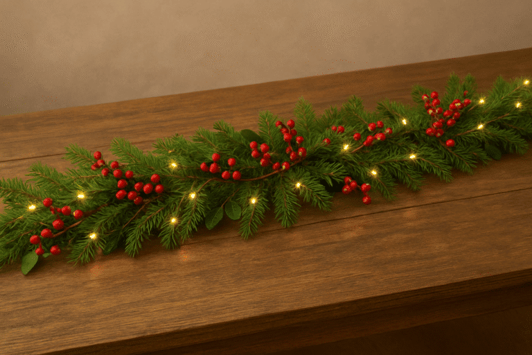 Decorative Christmas garland featuring lush greenery, red berries, and soft twinkling lights for holiday ambiance.