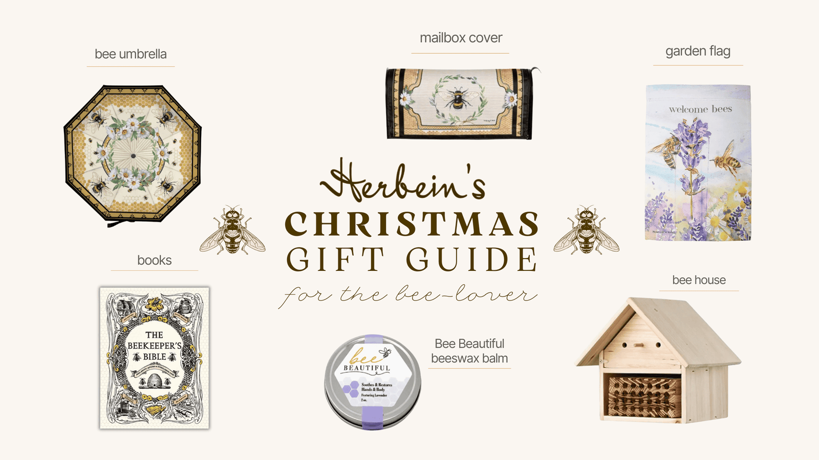 Decorative bees and flower mailbox cover for garden decor.