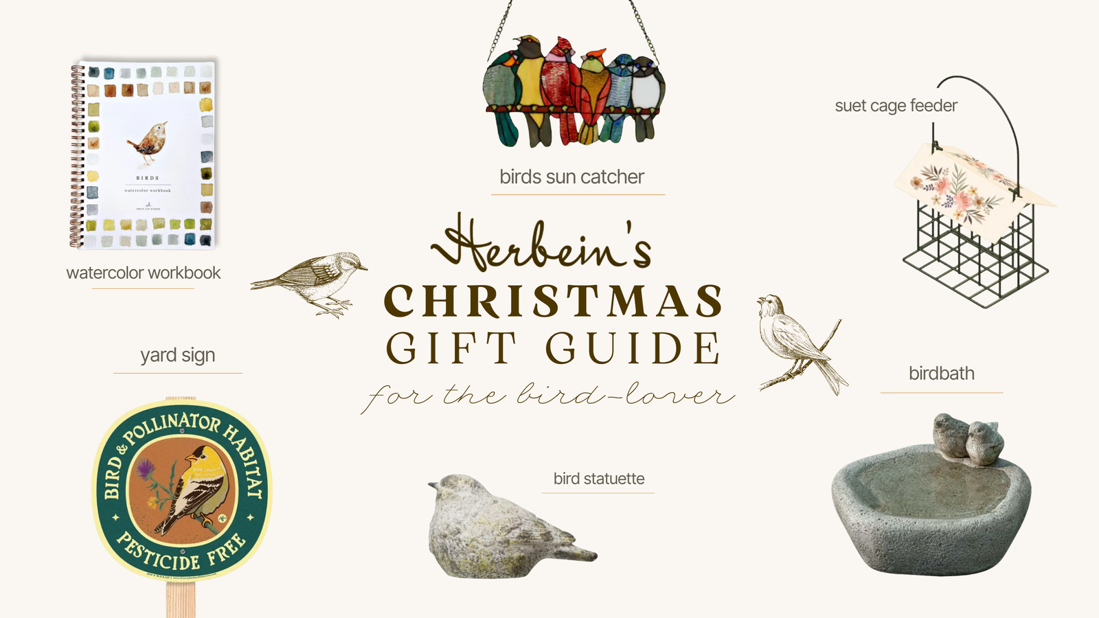 Birds garden decor, sunflower birdbath & stationery for bird lovers at Herbein's Garden Center.