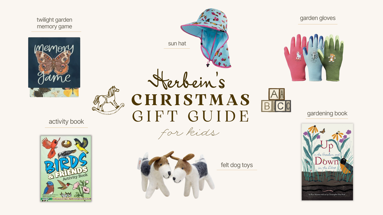 Colorful children's garden gloves, sun hat, and fun plush felt dog toys at Herbein's Garden Center.