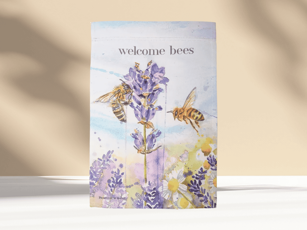 Illustration of bees pollinating lavender flowers, nature-themed garden decor.