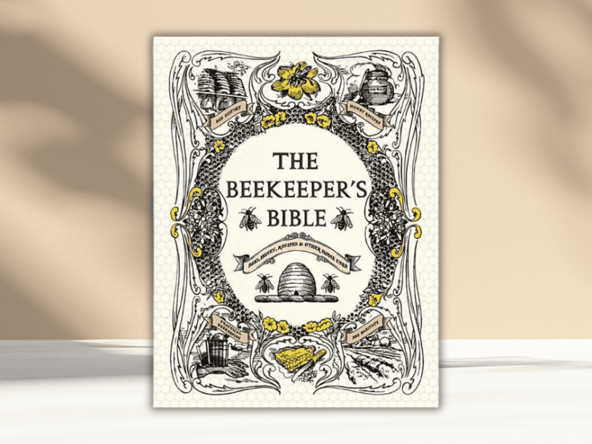 Illustrated Beekeepers Bible featuring bees, honey jars, and hive scenes.