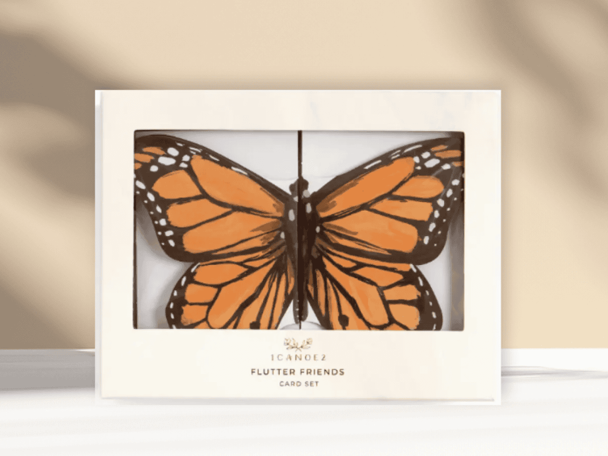 Beautiful Monarch butterfly greeting card set from Herbein's Garden Center featuring vibrant orange and black detailed wings for nature lovers.