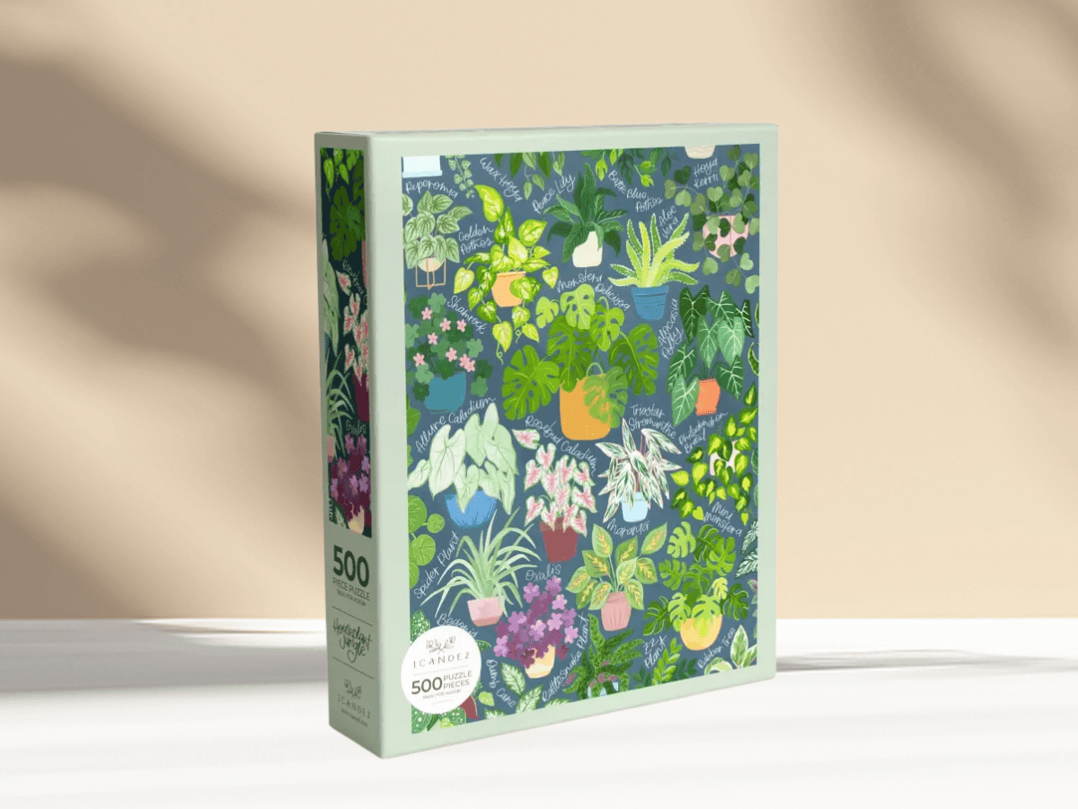Vibrant jigsaw puzzle featuring various potted garden plants and greenery, perfect for plant lovers and garden enthusiasts.