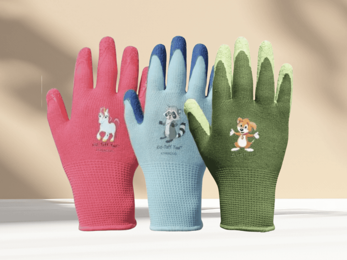 Colorful gardening gloves featuring playful animal graphics, perfect for gardening and outdoor activities.