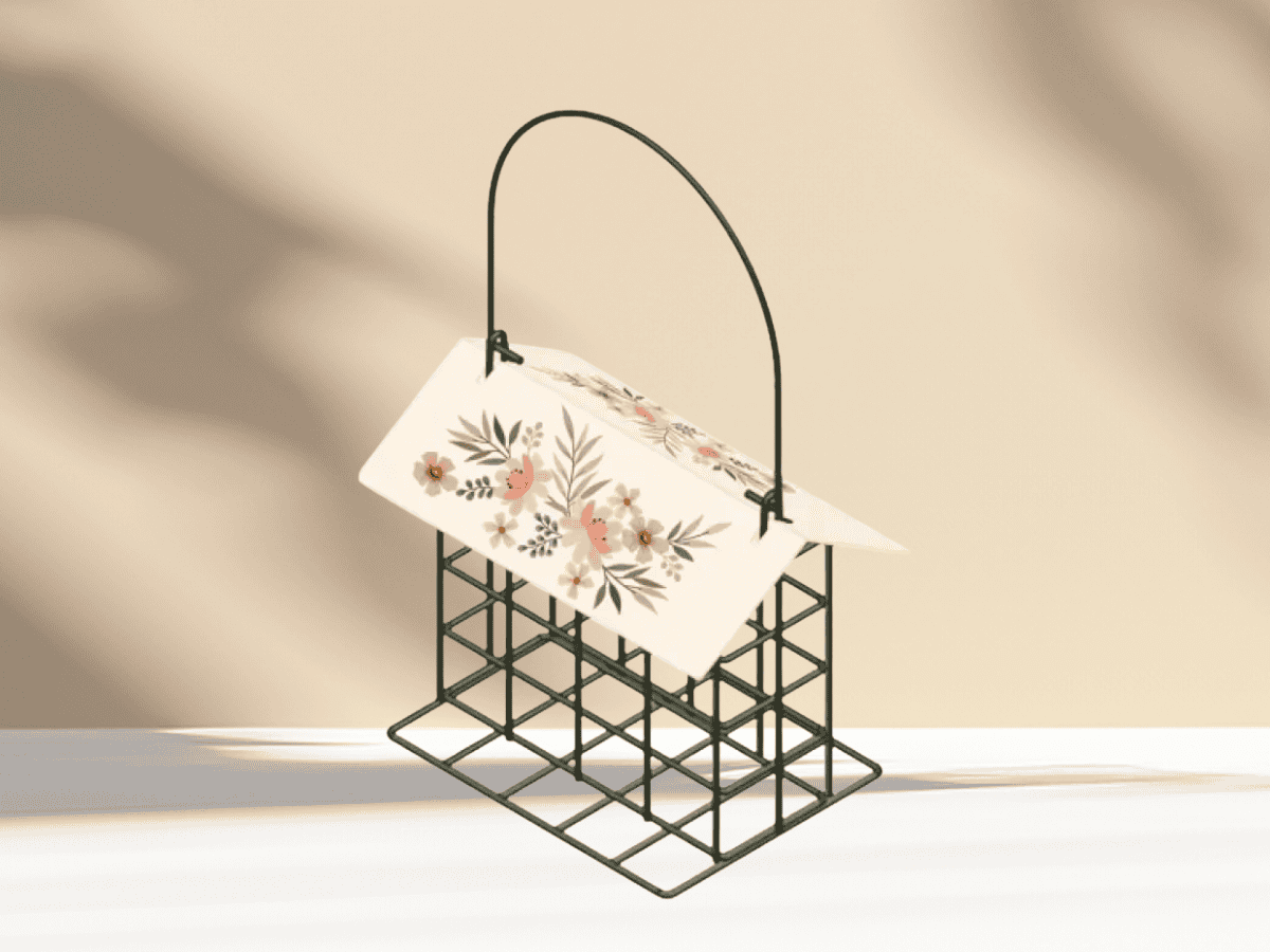 Colorful floral umbrella resting on a black metal garden stand against a beige wall.