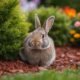 A closeup of a rabbit in a mulched garden bed, with a variety of shrubs and flowers growing,